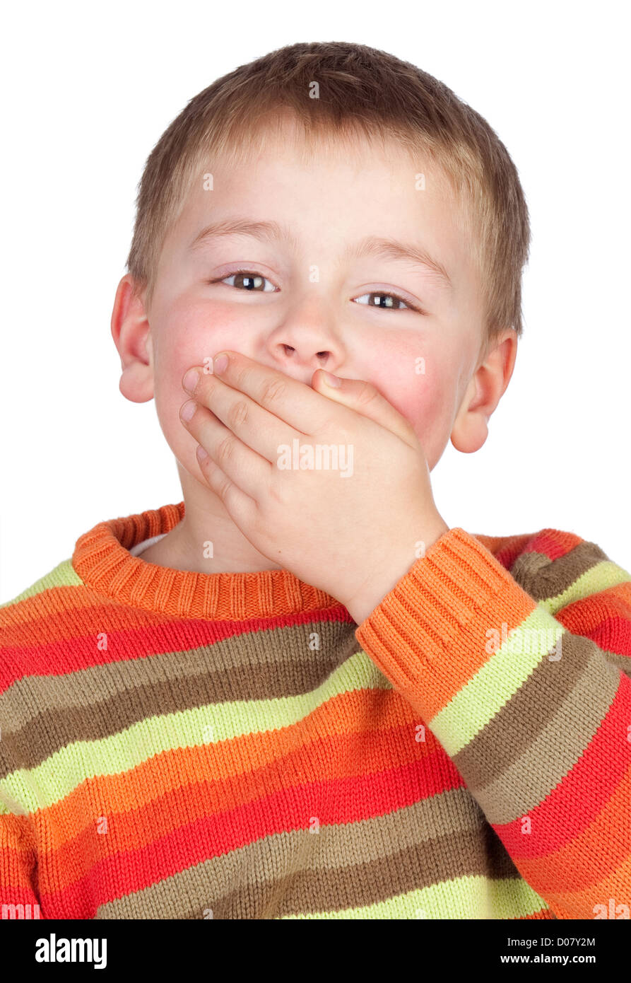 Mute child with blond hair isolated on white background Stock Photo Alamy