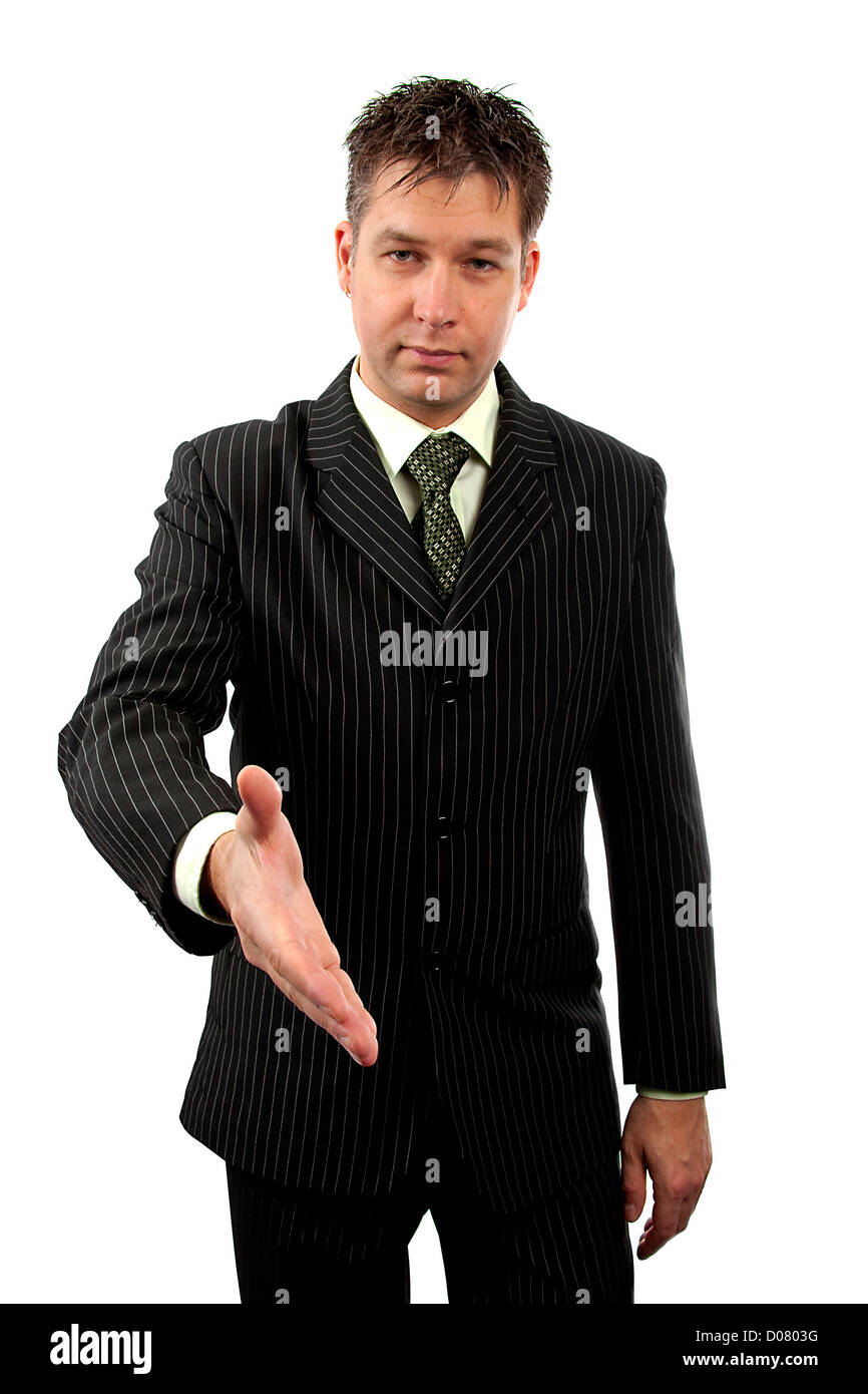 Businessman is shaking your hand over white background Stock Photo Alamy