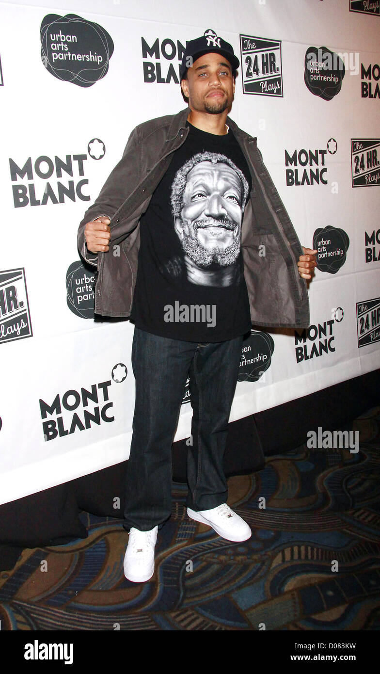 Michael Ealy showing off his Redd Foxx T-shirt The after party for the 10th Annual Production of 'The 24 Hour Plays', a benefit Stock Photo
