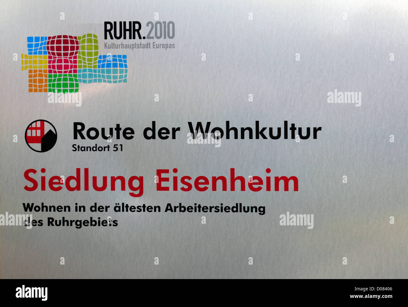 D-Oberhausen, Lower Rhine, Ruhr area, Rhineland, North Rhine-Westphalia, NRW, D-Oberhausen-Osterfeld, Eisenheim settlement, workers settlement, route of industrial heritage, indicating label, Cultural Capital 2010, route of cultivation of home decor Stock Photo