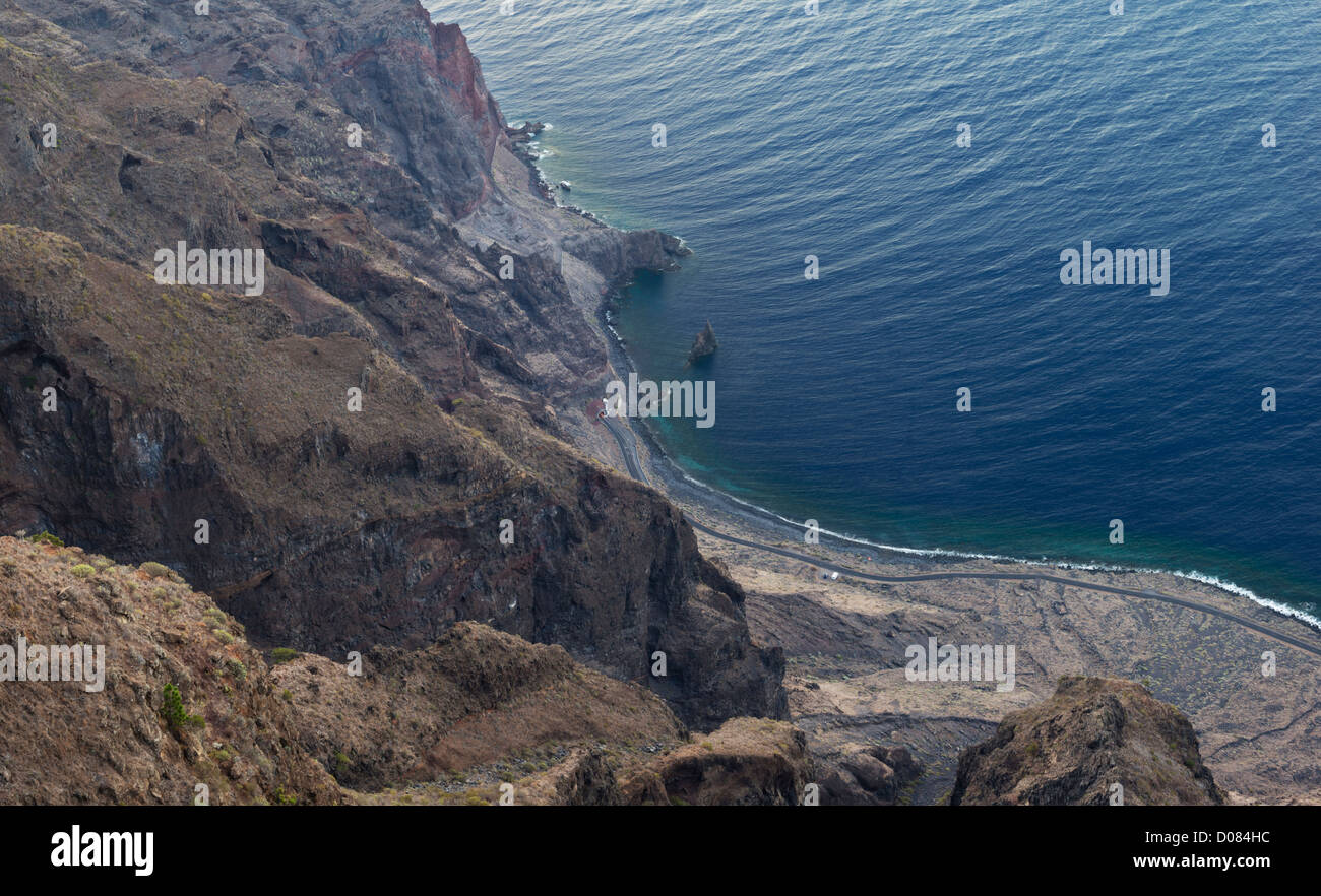 View from the Mirador de Isora, El Hierro, Canary Islands, Spain. The sea stack is Roque de la Bonanza, a local landmark Stock Photo
