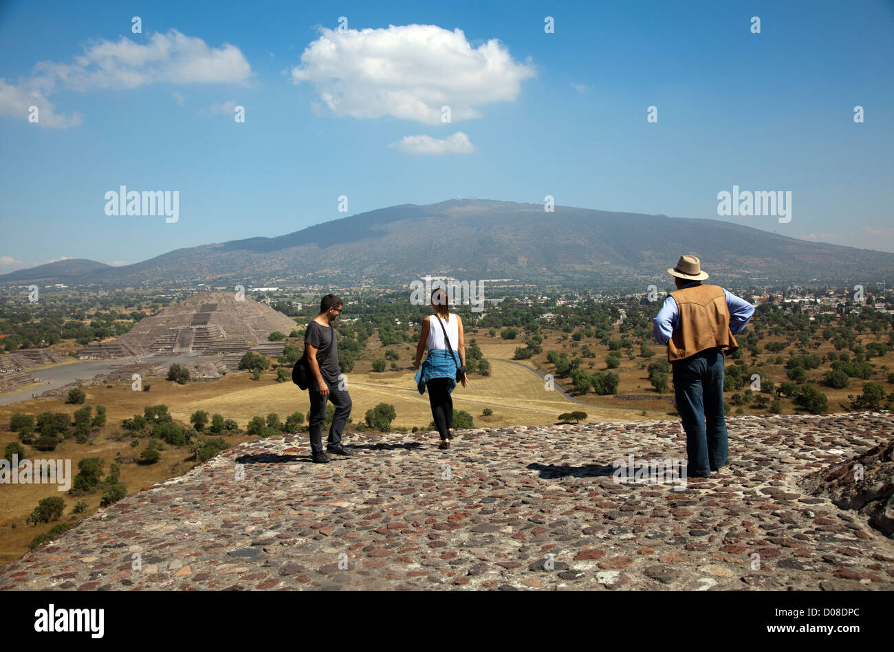 Looking down from Pyramid of the Sun - View of Pyramid of the Moon at Teotihuacan in Mexico Stock Photo
