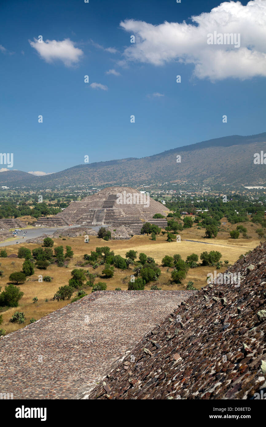 Looking down from Pyramid of the Sun - View of Pyramid of the Moon at Teotihuacan in Mexico Stock Photo