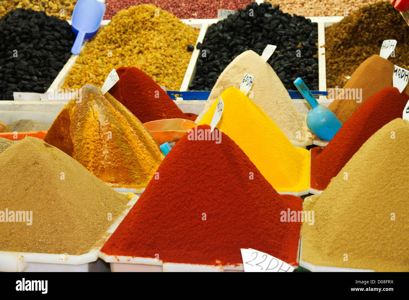 Piles of Freshly ground Spices, for sale Morocco. Stock Photo