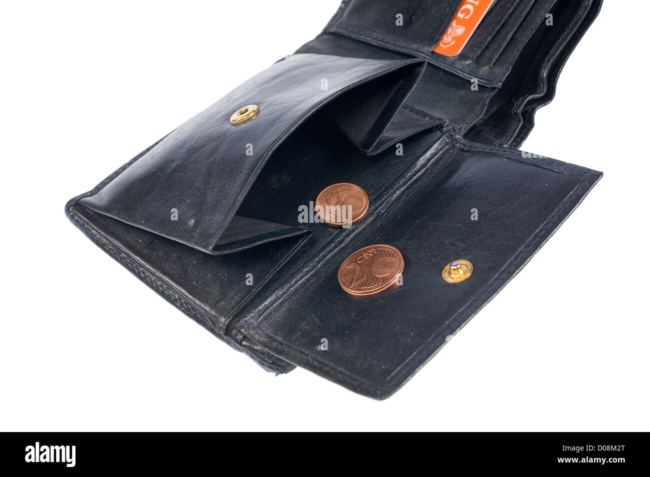 An empty wallet with two euro coins in it Stock Photo