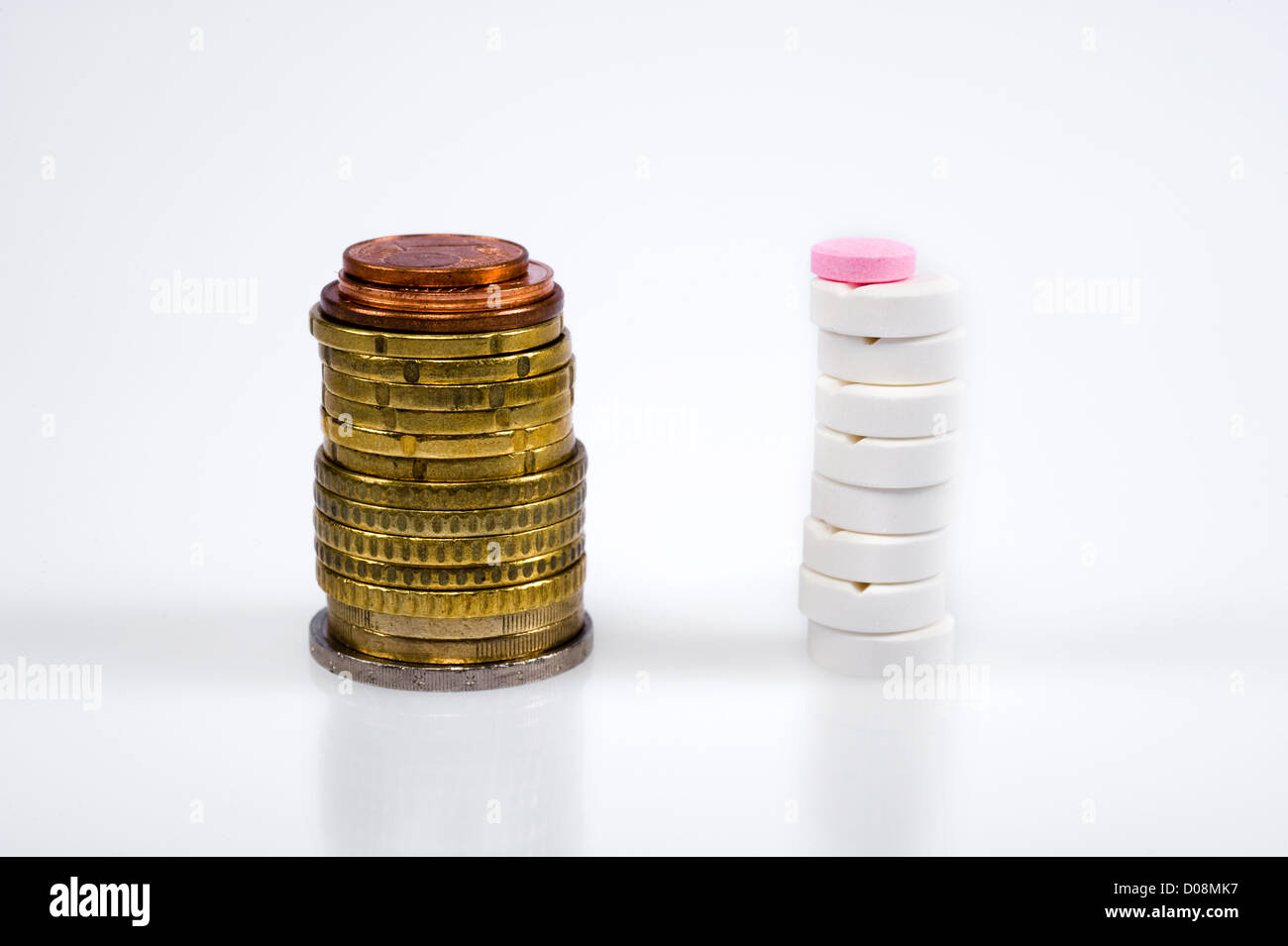 Stapled euro coins between pills and medicines Stock Photo