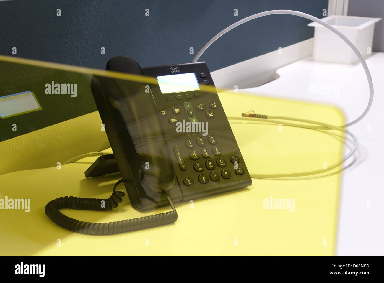 Phone of new office desk in shared office, call centre Stock Photo