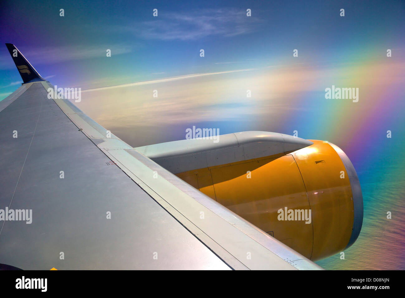 View from Icelandair passenger jet aircraft window over North Atlantic Stock Photo