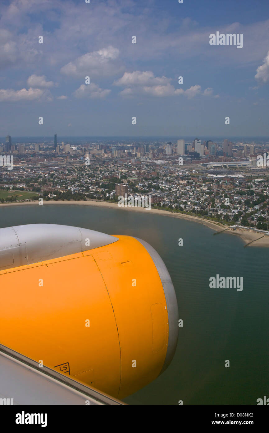 View from Icelandair passenger jet aircraft window over Boston, USA Stock Photo