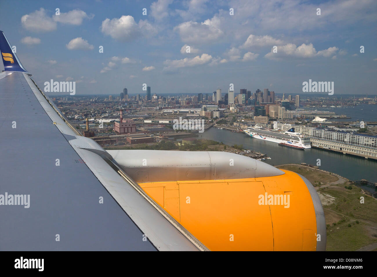 View from Icelandair passenger jet aircraft window over Boston, USA Stock Photo