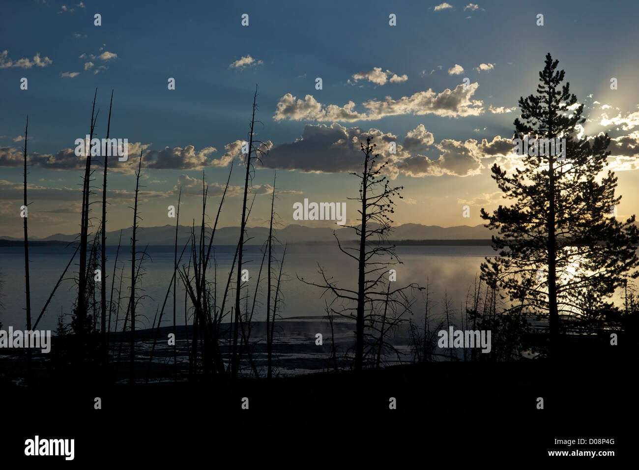 View of Yellowstone Lake at dawn from near West Thumb, Yellowstone National Park, Wyoming, USA Stock Photo