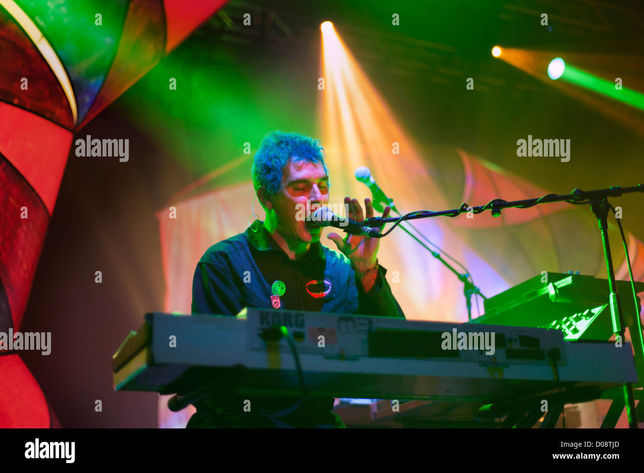 Alternative US rock band, Animal Collective in concert at Manchester Warehouse Project, UK, 8 November 2012. Avey Tare singing. Stock Photo