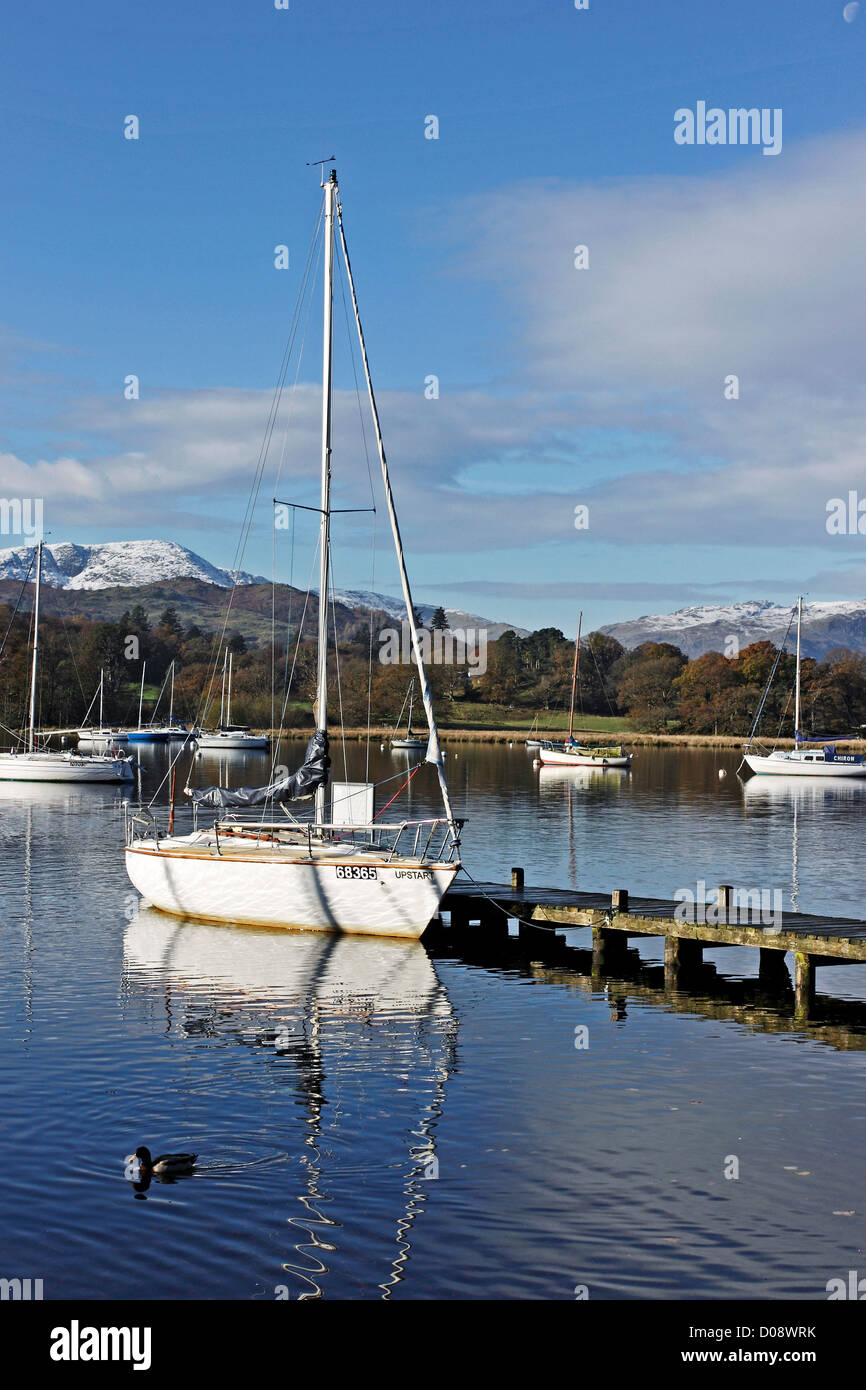 A sailing yacht moored alongside a jetty at Waterhead, Ambleside, Lake