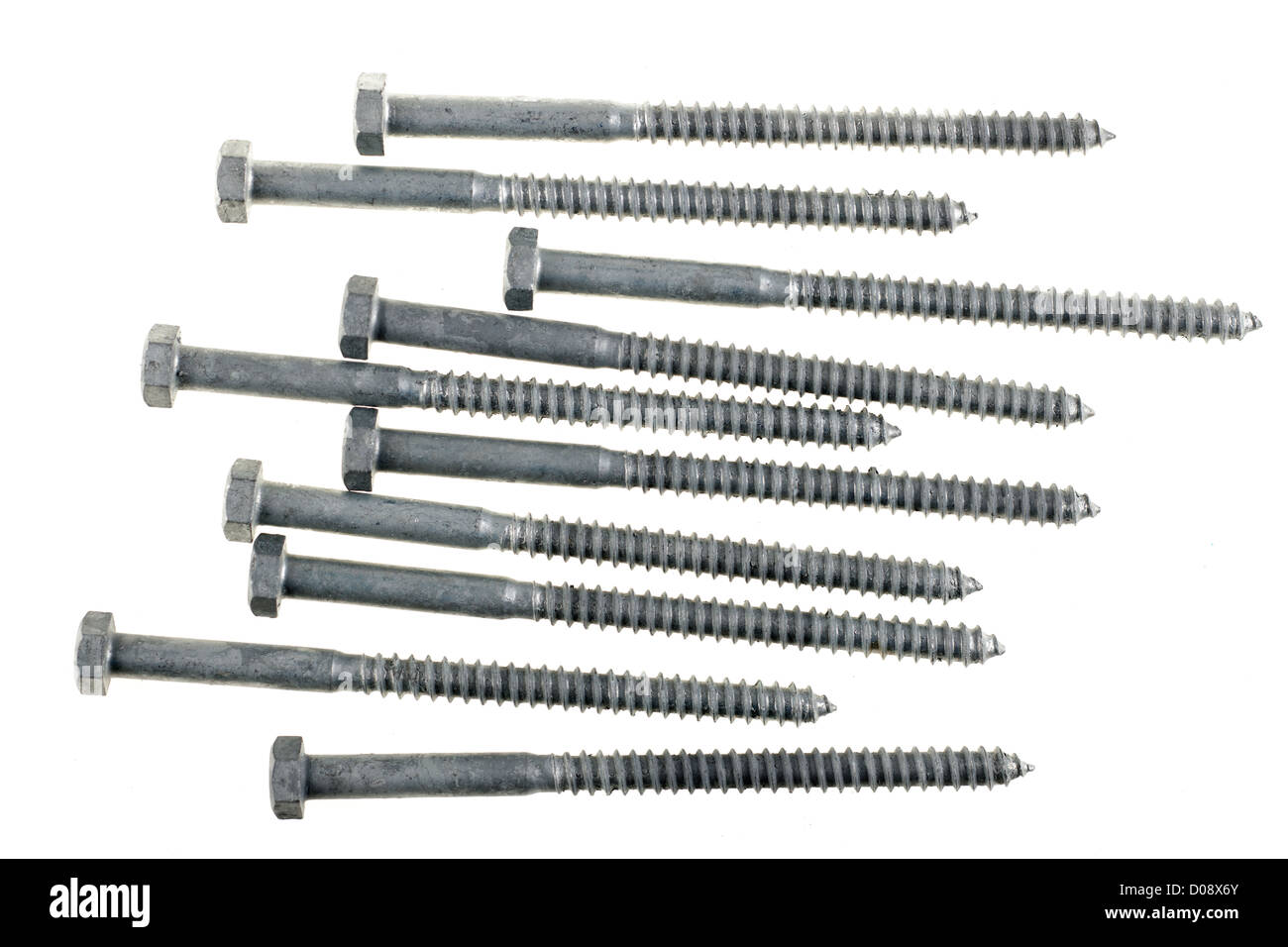 Pile of ten five inch 10mm weather resistant coach bolts Stock Photo