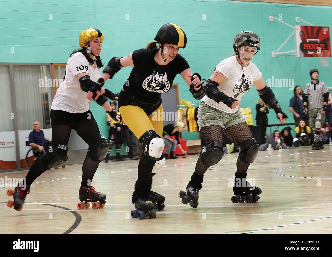 Atmosphere The Liverpool Roller Birds Roller Derby team, host their first  ever home bout "A Hard Day's Fight" at Greenbank Stock Photo - Alamy