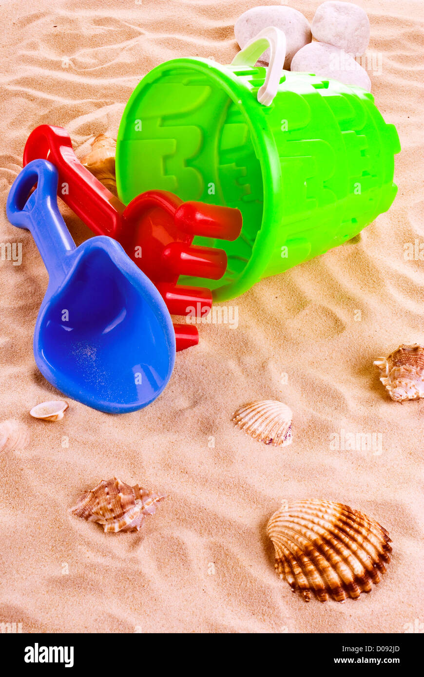 Children's toys bucket, spade and shovel on sand Stock Photo Alamy