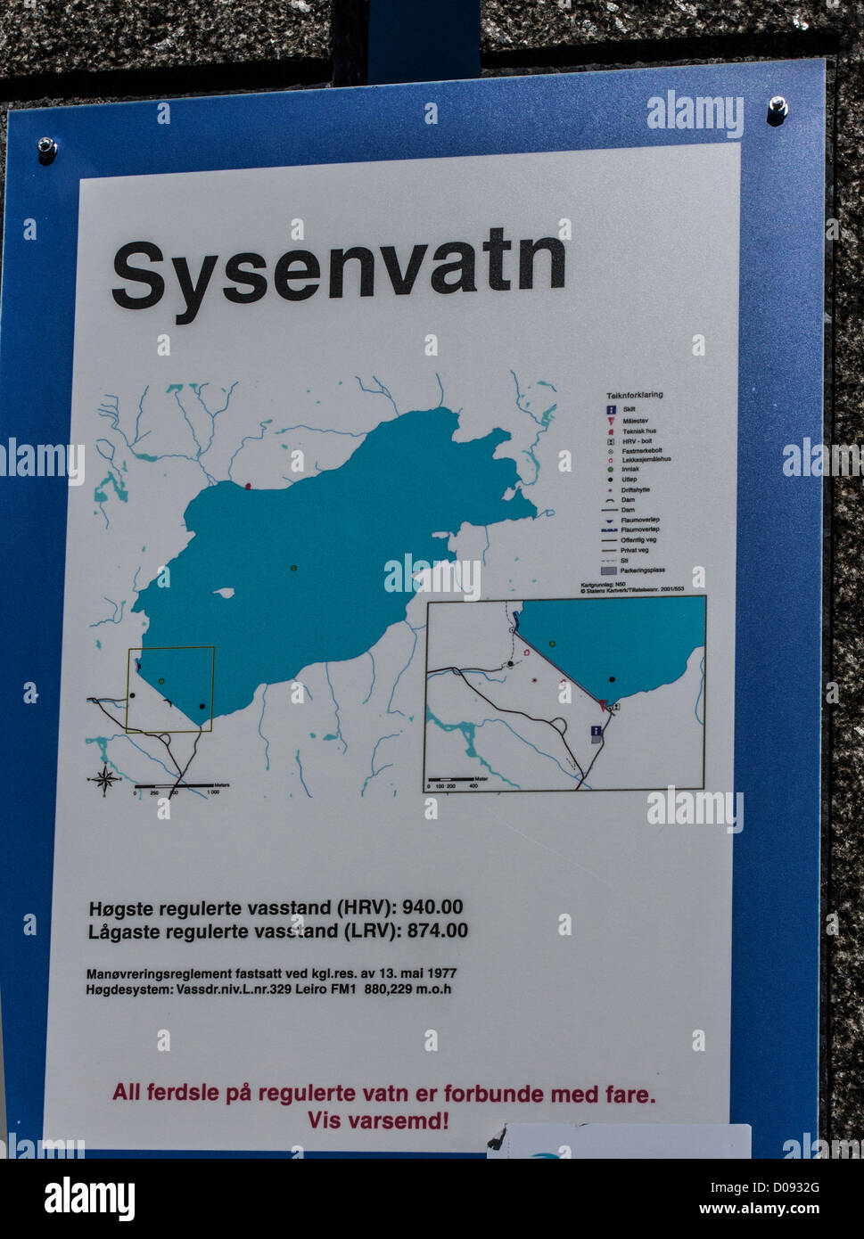 Interpretation Board at/for Sysen Dam and Reservoir Hardangervidda near Eidfjord Norway Stock Photo