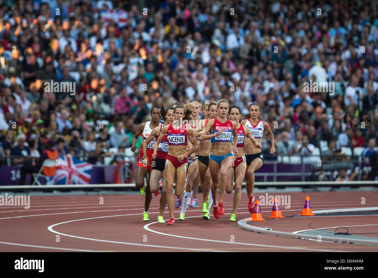 Morgan Uceny (USA) and Ekaterina Kostetskaya (RUS) lead the pack in the Women's 1500m semifinal at the Olympic Summer Games, Stock Photo