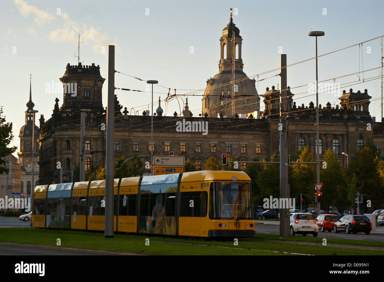 A tram, strassenbahn, Alter Markt, with a view of the Frauenkirche, Dresden, Sachsen, Saxony, Germany at sunset Stock Photo