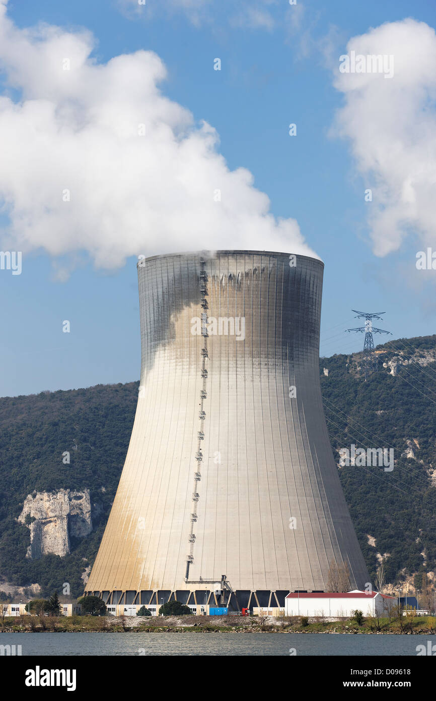 smokestack of nuclear plant and blue sky Stock Photo