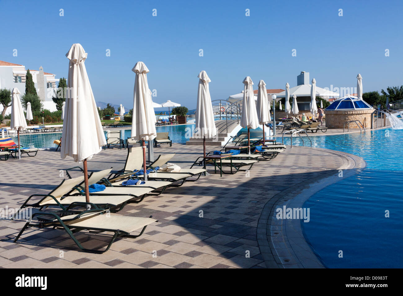 Swimming Pool area at the Marmari Palace Hotel at Mastichari on the Greek Island of Kos Stock Photo