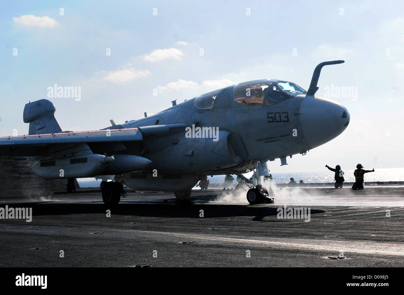 EA-6B Prowler from the Patriots of Electronic Attack Squadron (VAQ) 140 prepares to launch from the Nimitz-class aircraft carri Stock Photo