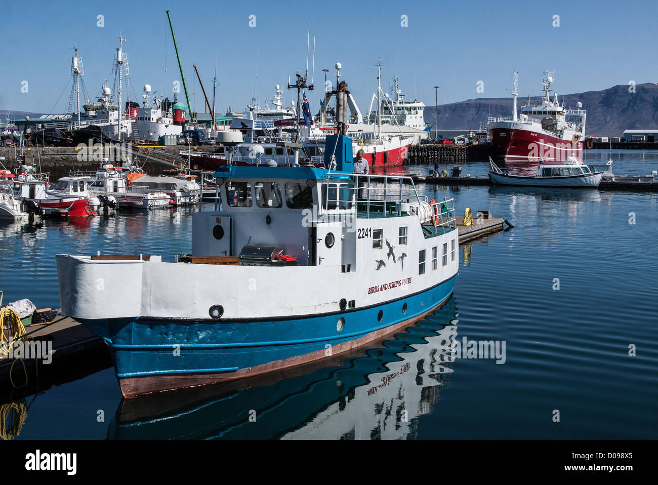 BOAT FOR EXCURSIONS AND WHALE WATCHING TRAWLERS IN THE BACKGROUND PORT OF REYKJAVIK ICELAND Stock Photo