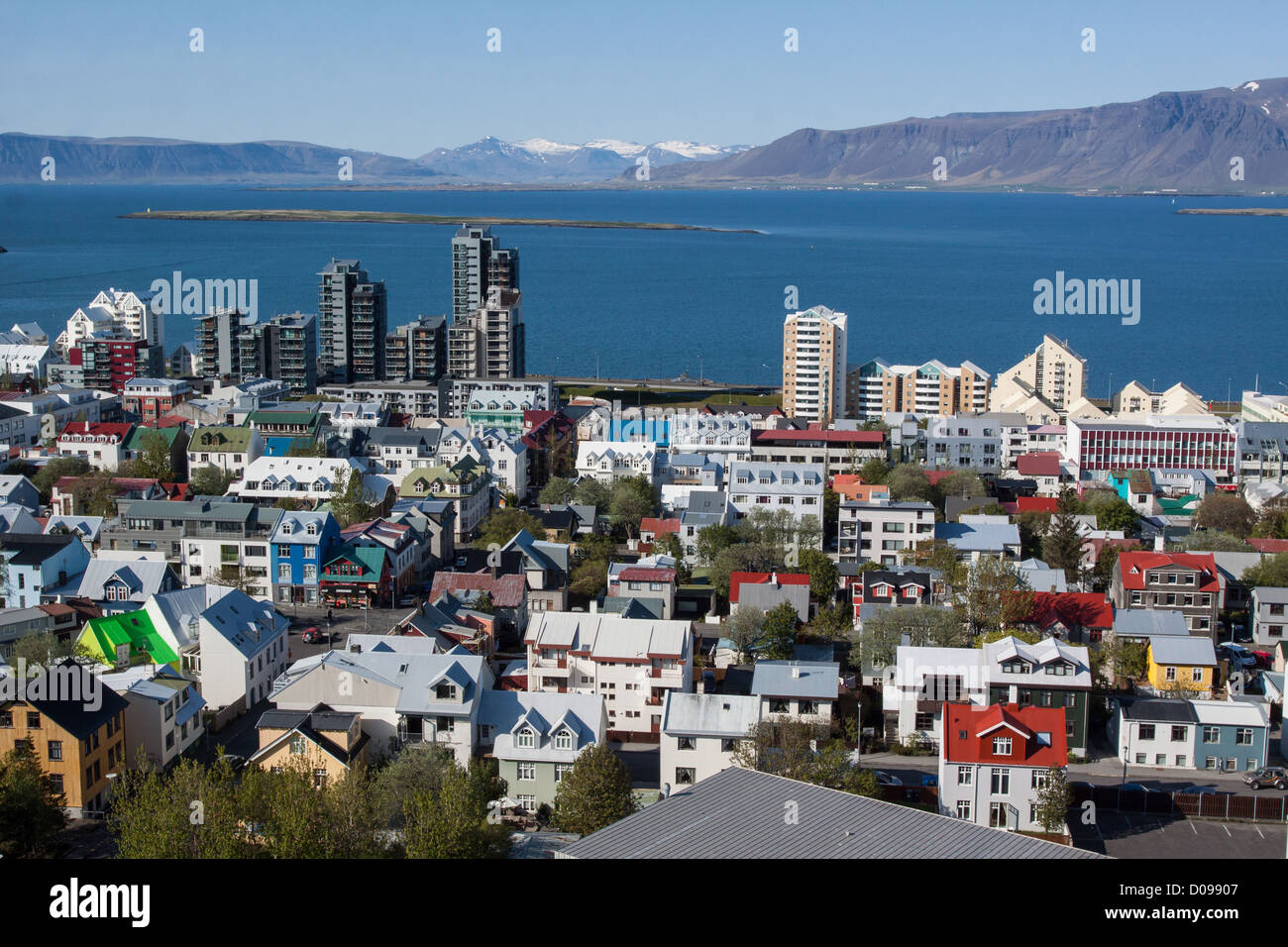 GENERAL VIEW OF REYKJAVIK CITY CENTRE AND THE KOLLAFJORDUR FJORD FROM THE TOWER OF HALLGRIMSKIRKJA CATHEDRAL REYKJAVIK ICELAND Stock Photo