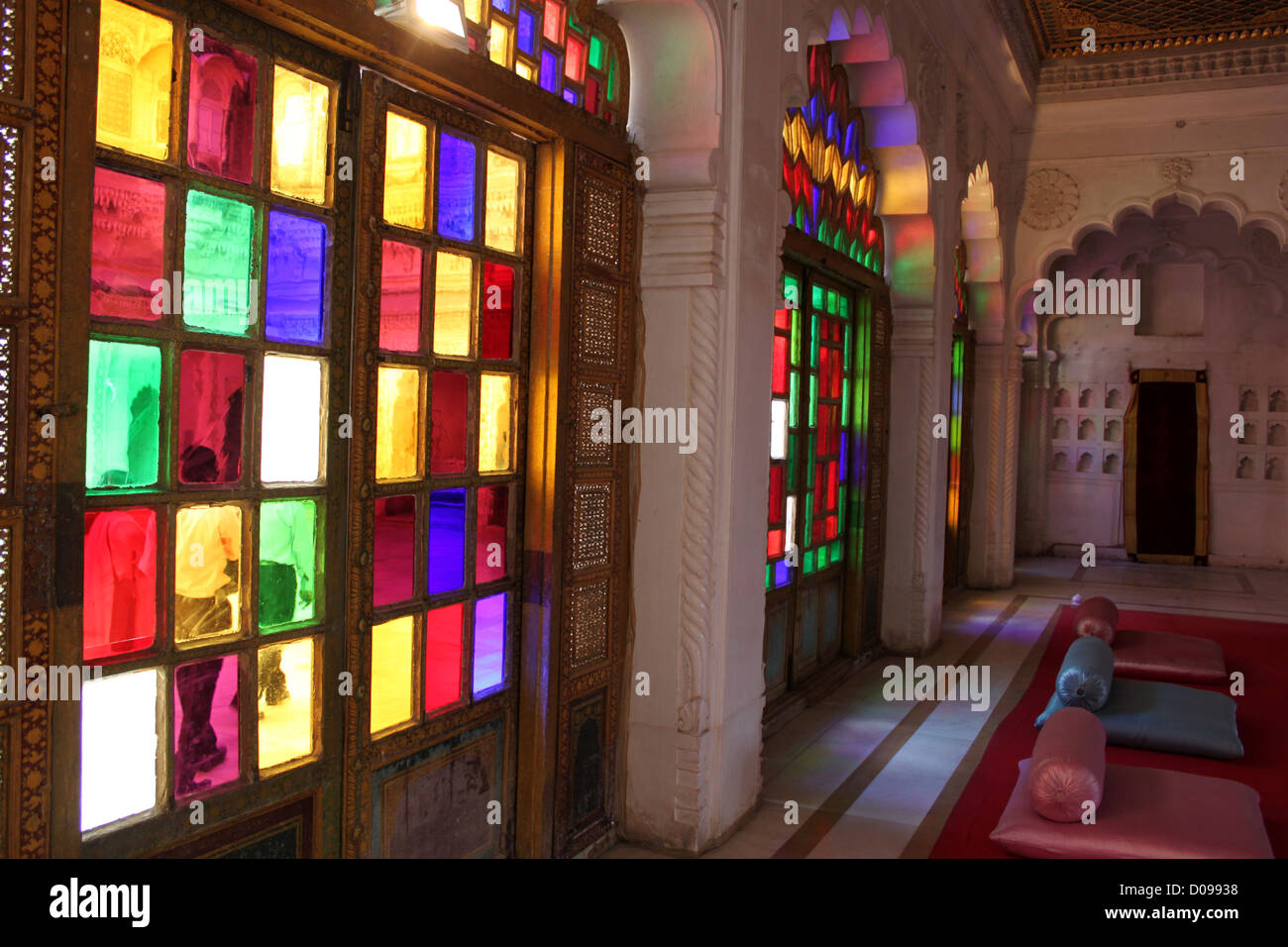 Light comes in through Colorful glass window at mehra Mehrangarh fort  Jodhpur, Rajasthan, India Stock Photo