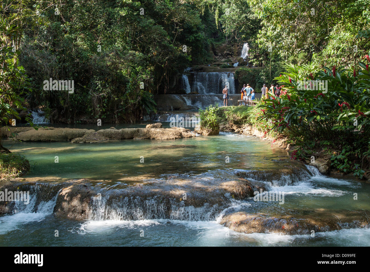 TOURISTS IN THE CASCADES OF YS FALLS REGION OF THE BLACK RIVER JAMAICA ...