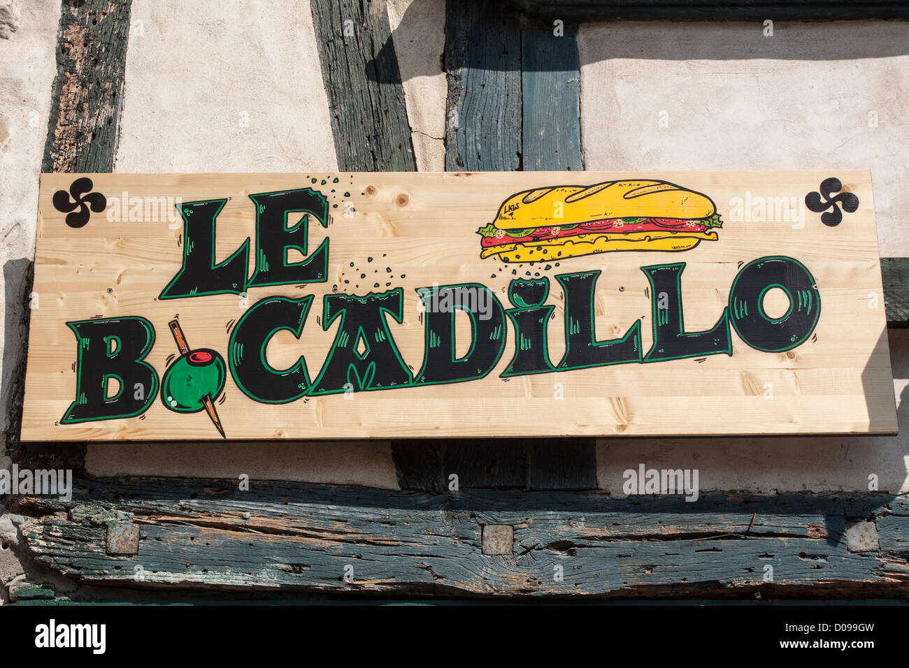SIGN FOR SNACK BAR LE BOCADILLO (SANDWICH IN SPANISH) BAYONNE TOWN CENTRE BASQUE COUNTRY PYRENEES-ATLANTIQUES (64) AQUITAINE Stock Photo