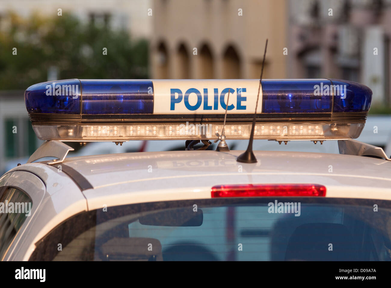 CLOSE-UP OF THE FLASHING SIREN OF A POLICE CAR PARKED IN FRONT OF THE POLICE STATION OF AJACCIO SOUTHERN CORSICA (2A) FRANCE Stock Photo