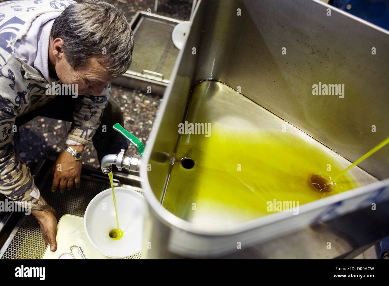 Olive oil producer fills cans with olive oil. Greece Stock Photo
