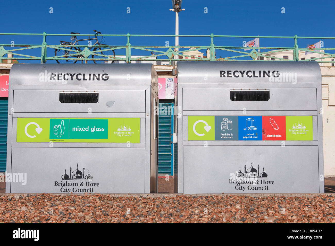 BRIGHTON, UK FEBRUARY 8, 2011 Recycle bins on beach on February 8
