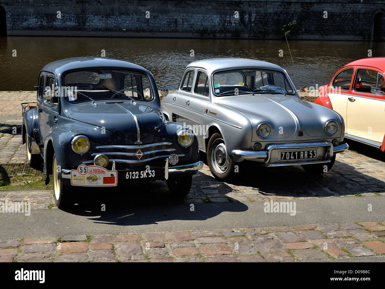 Exhibition of old cars : Renault 4 CV and Renault Dauphine. Manufactured by Renault in France. Stock Photo