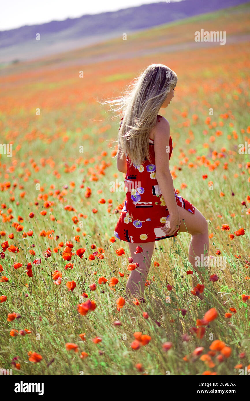 Blond girl in red dress going away at filed of poppies Stock Photo