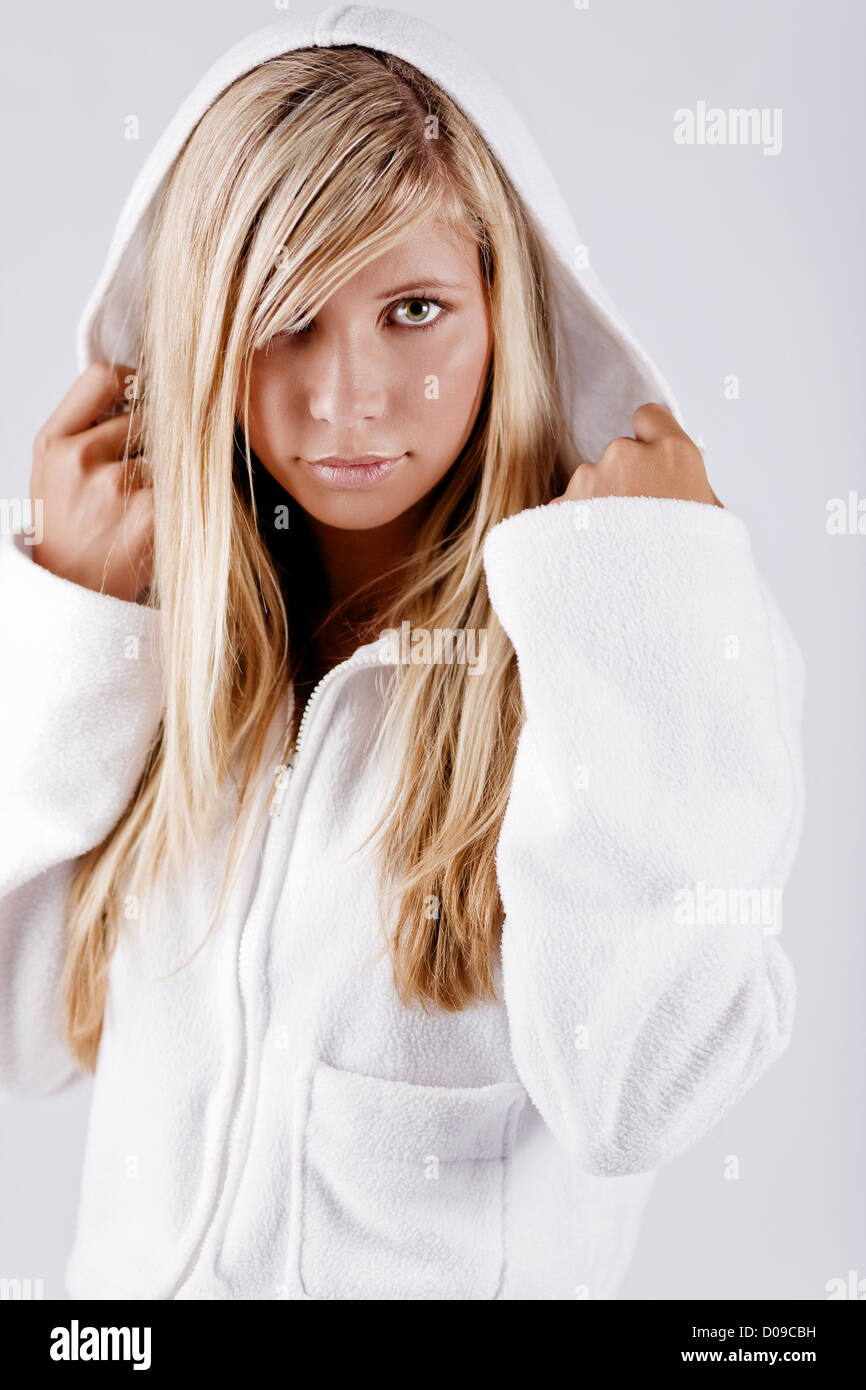 Girl wearing white hoodie Stock Photo Alamy