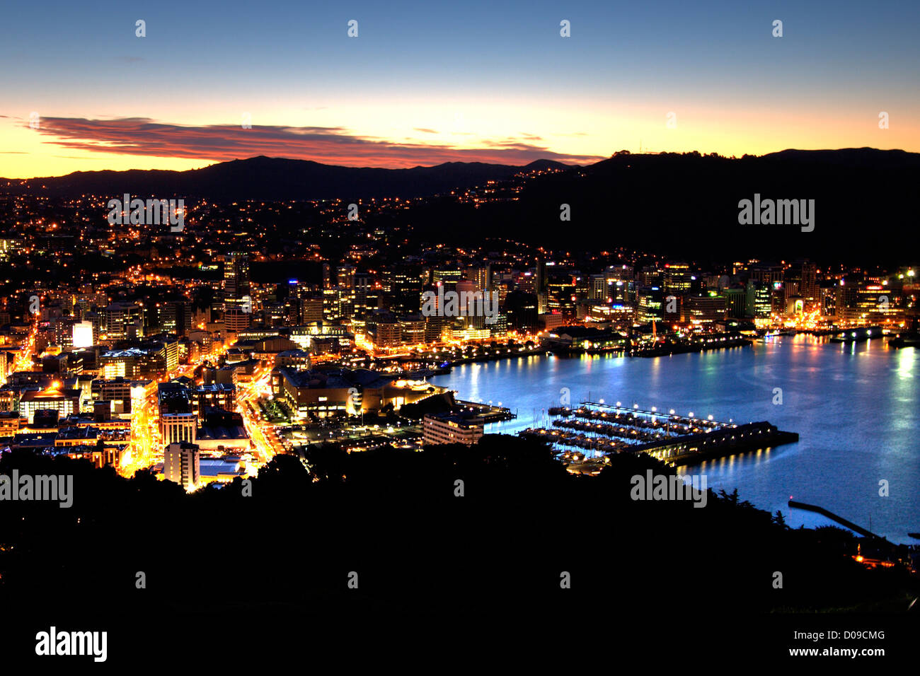 The city of Wellington, New Zealand, glowing at night seen from Mt. Victoria Stock Photo