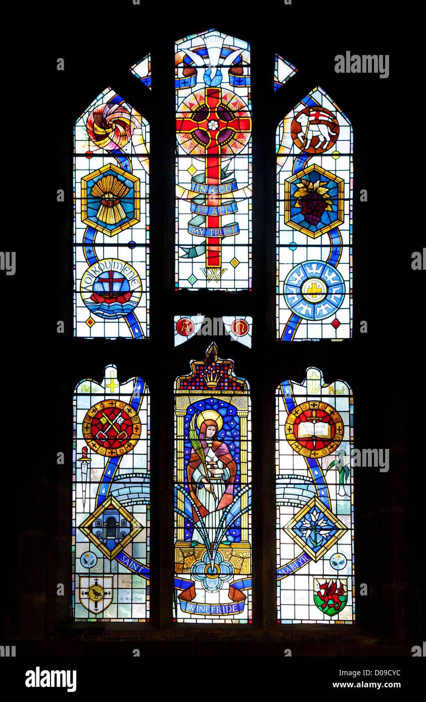 St Winefride stained glass window, Shrewsbury Abbey, Shropshire UK