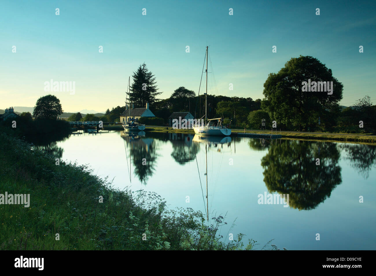 A yacht moored at Dunardry Locks near Cairnbaan on the Crinan Canal, Argyll & Bute, Scotland Stock Photo