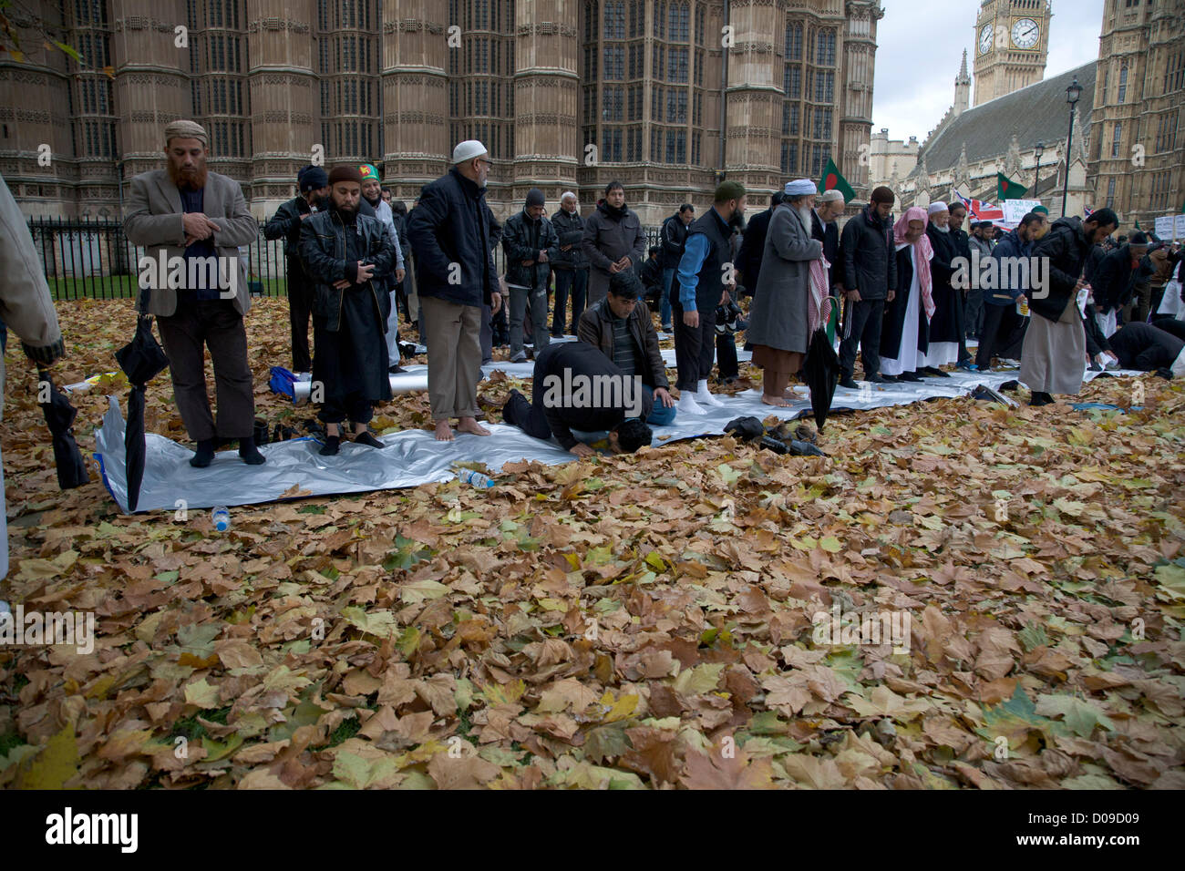 20th November 2012. London UK. Protesters  from the Bangladeshi community in Britain lead prayers in front of the Houses of Parliament in Westminster to protest against the imprisonment of leaders of opposition parties by the Bangladeshi Government. Stock Photo