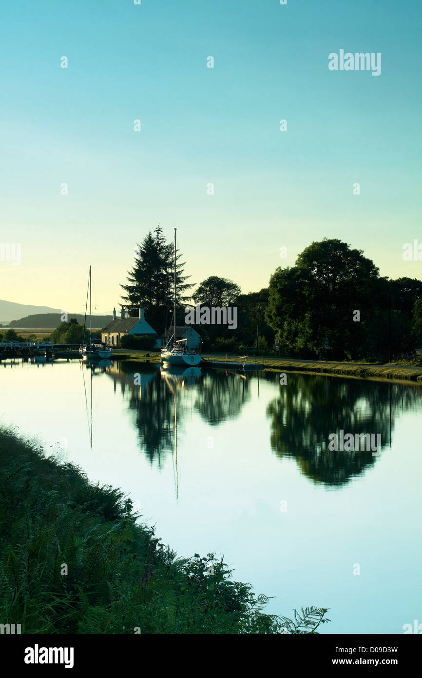 A yacht moored at Dunardry Locks near Cairnbaan on the Crinan Canal, Argyll & Bute, Scotland Stock Photo