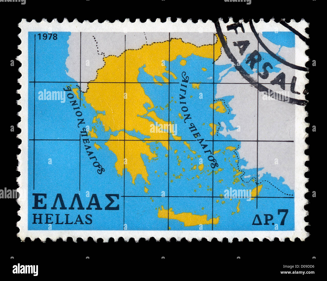 Vintage canceled postage stamp with map of Greece illustration, circa 1978. Stock Photo