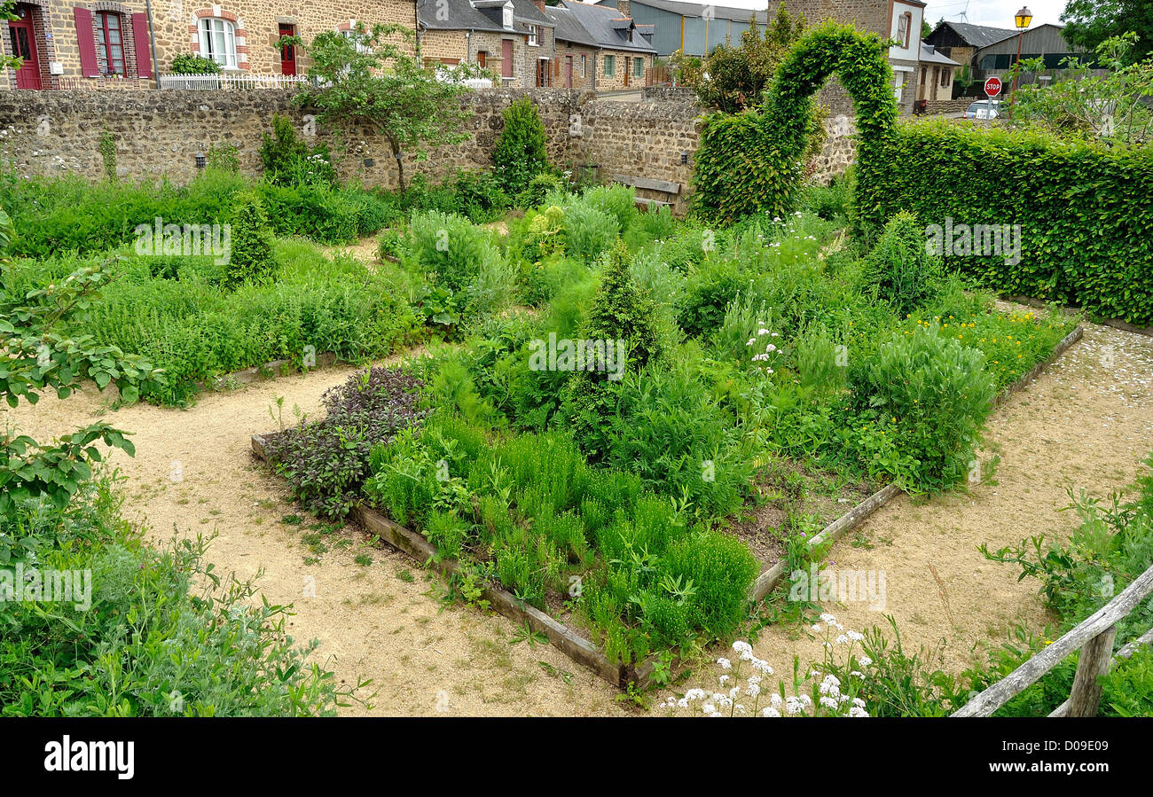 Medieval garden "(Le jardin des Simples" : medicinal and aromatic plants), in Lassay les Châteaux (France). Stock Photo