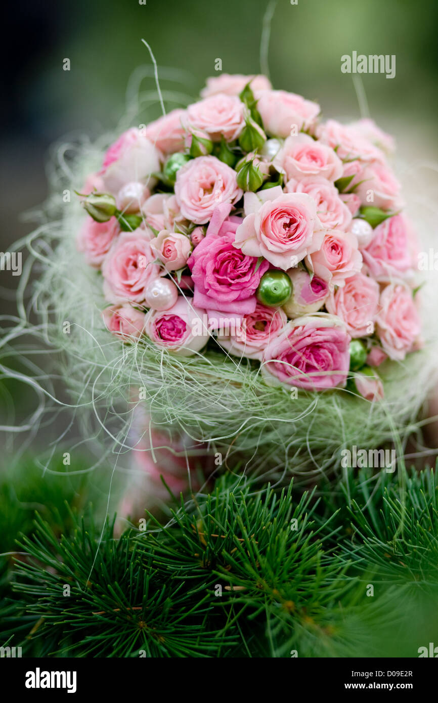 Wedding bouquet with pink roses on pine brahch Stock Photo