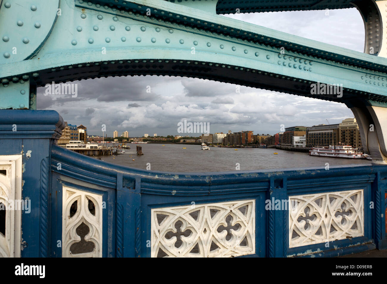 Structural details of the Tower Bridge with a view over the Thames