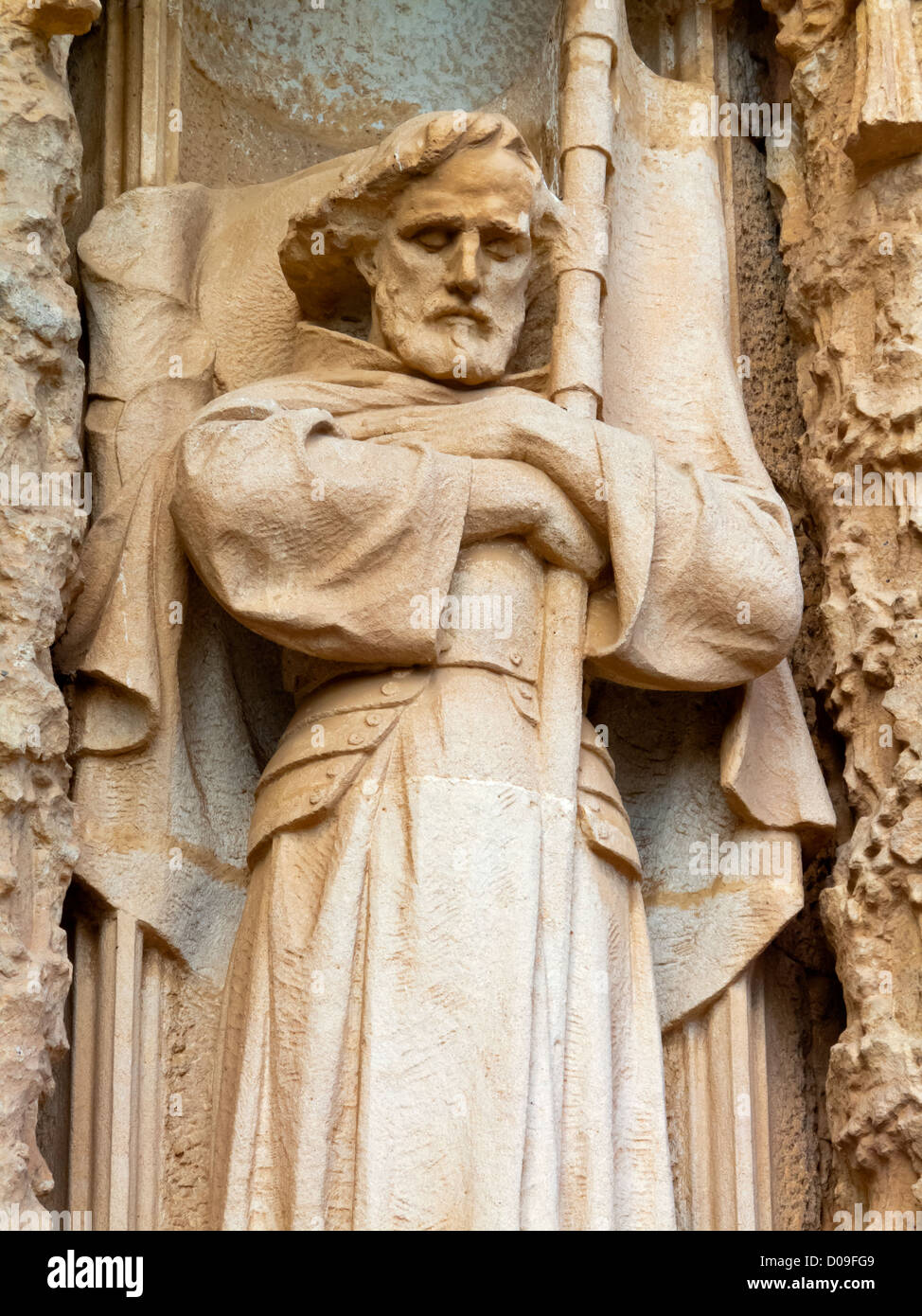 Carved male figure in stone outside Tibidabo basilica church Temple Expiatori del Sagrat Cor Barcelona Catalonia Spain Stock Photo