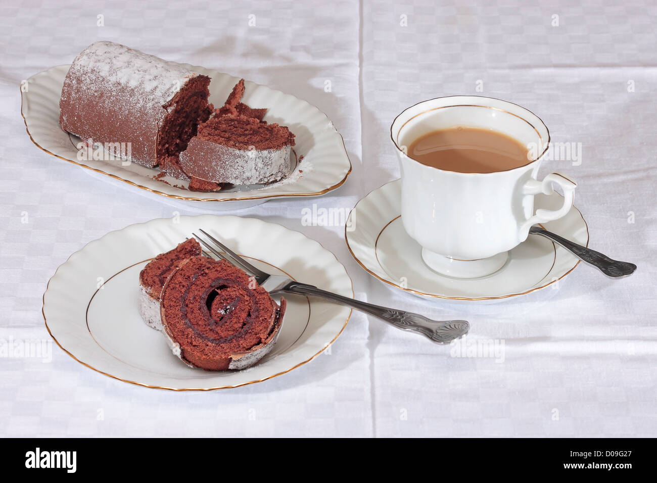 Cup of Tea and a Slice of Yule Log Stock Photo