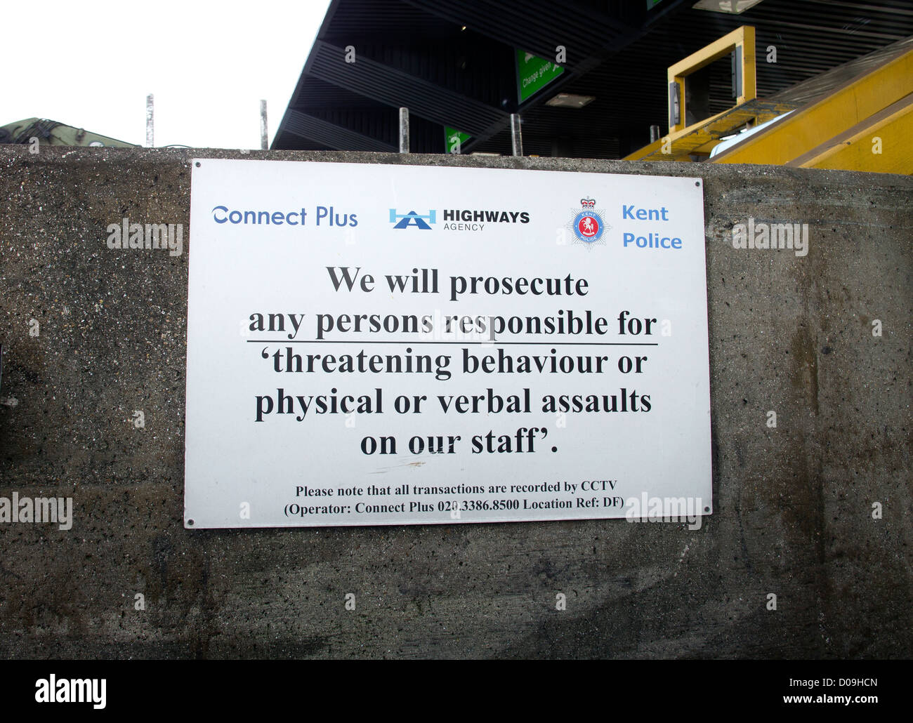 Warning Sign Threatening Behaviour on Staff Prosecute Prosecution Dartford Crossing Tolls Stock Photo
