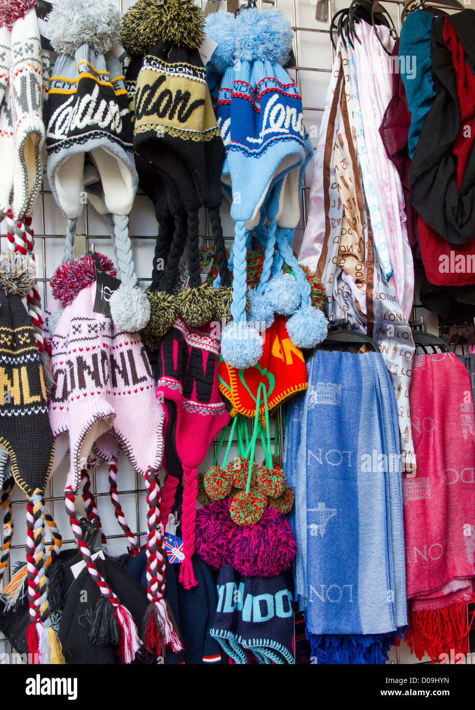Colourful woollen hats shop display Souvenir shop Canterbury Stock